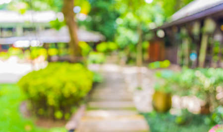 blur image of Long empty corridor with open space to the green garden with bokeh for background...