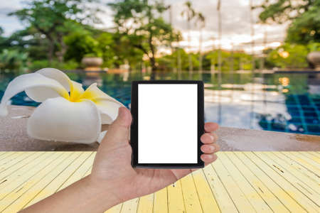 male hand is holding a modern touch screen phone and white Frangipani flower.の写真素材