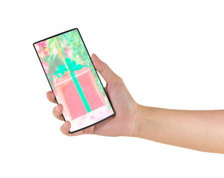 image of female hand is holding a modern touch screen smart phone.の写真素材