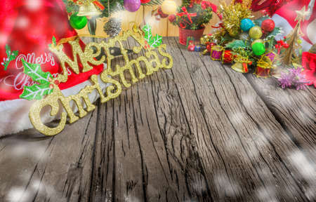 christmas ornaments  and vary of decoration on wood background.
