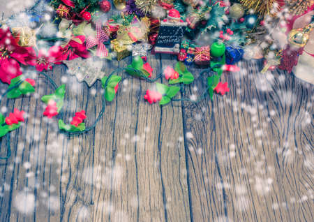 christmas ornaments and vary of decoration on woodの写真素材