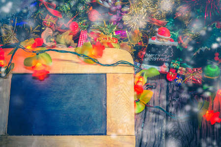 christmas ornaments and vary of decoration on wood background.の写真素材