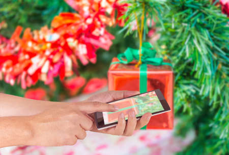 blur image of Christmas tree and ornament in background on day time.の写真素材