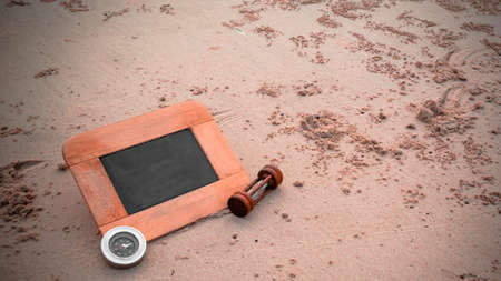journey concept vintage tone image of chalkboard and sandglass For creative idea with blur sea in...
