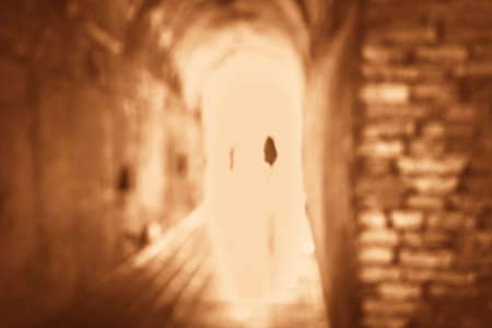 vintage tone blur image of tunnel and light at the end.の写真素材