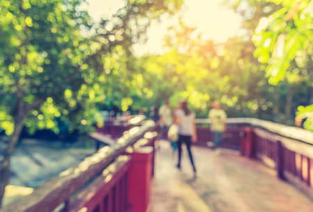 Abstract blur image of walk way with people in green garden for background usage. (vintage tone)の写真素材