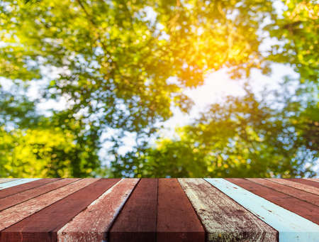 wood table and Abstract blur image of green tree bokeh for background usage .の写真素材