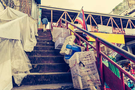 vintage tone image of dirty stairway at famous market in Chiang Mai,Thailand.の写真素材