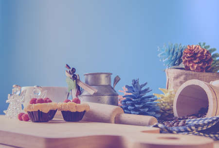 image of blueberry Crumb Cake on wood table with vary decoration in background.の写真素材