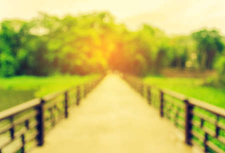 vintage tone blur image of people at steel bridge or pier in park to see forest background.の写真素材