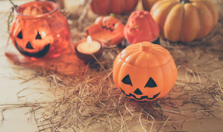 vintage tone image of Halloween pumpkin and vary ornament on wood table with Wooden background.の写真素材