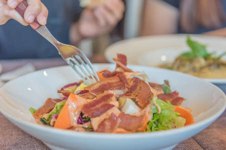 Image of Fresh healthy crispy ham salad on table.の写真素材