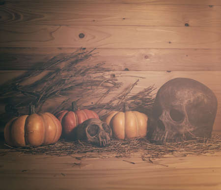 vintage tone image of Halloween pumpkin and vary ornament on wood table with Wooden background.の写真素材