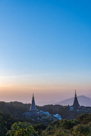 image of King and Queen Pagodas in mountain at Doi Inthanon National Park,Chiangmai Thailand on morning time.(vertical)の写真素材