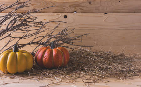 vintage tone image of Halloween pumpkin and vary ornament on wood table with Wooden background.の写真素材