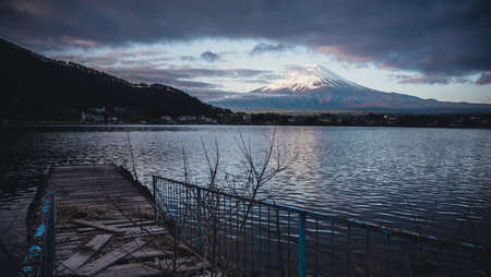 Vintage tone image of Mount Fuji and pier at Lake Kawaguchi in Kawaguchiko prefecture on morning time.の写真素材