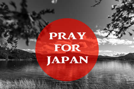 black and white image of Mountain Fuji and Lake Kawaguchi with letter "Pray for Japan" in background design for use in diaster flooding situation.の写真素材
