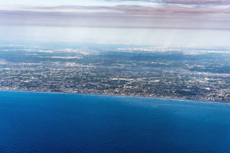 High-angle photos show the seaside city on the Japanese island.の写真素材