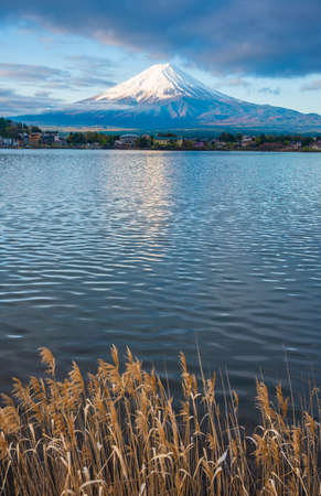 Image of Mountain Fuji and Lake Kawaguchi in Kawaguchiko prefecture Japan on morning time.(vertical)の写真素材