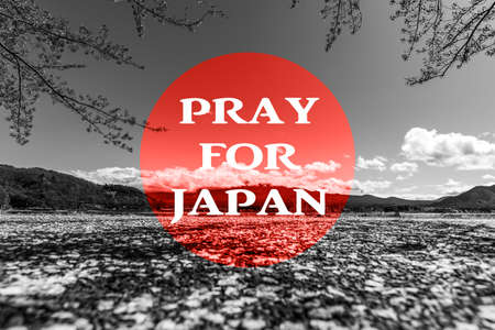 black and white image of Mountain Fuji and Lake Kawaguchi with letter "Pray for Japan" in background design for use in diaster flooding situation.の写真素材