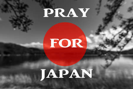 black and white image of blur Mountain Fuji and Lake Kawaguchi with letter "Pray for Japan" in background design for use in diaster flooding situation.の写真素材