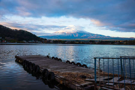 Panorama image of Mount Fuji and pier lake Kawaguchi in Kawaguchiko prefecture on morning time.の写真素材