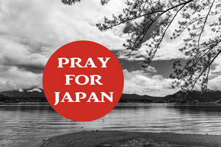 black and white image of Mountain Fuji and Lake Kawaguchi with letter "Pray for Japan" in background design for use in diaster flooding situation.の写真素材