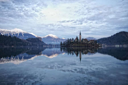 Island church in Slovenia (lake Bled)の写真素材