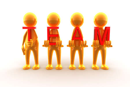 Render of 4 characters holding \"Team\" text in their hands.の写真素材