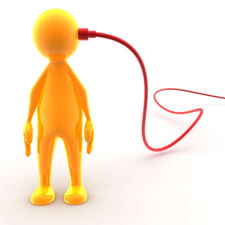 Character has a cable connected to his head. Concept of networking, connecting, internet,...の写真素材