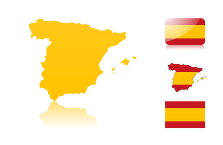 Spanish map including: map with reflection, map in flag colors, glossy and normal flag of Spain.のイラスト素材