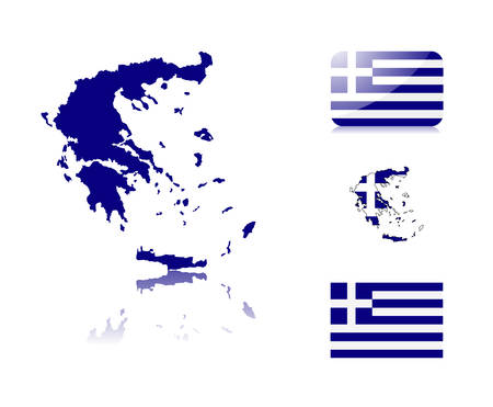 Greek  map including: map with reflection, map in flag colors, glossy and normal flag of Greece.のイラスト素材