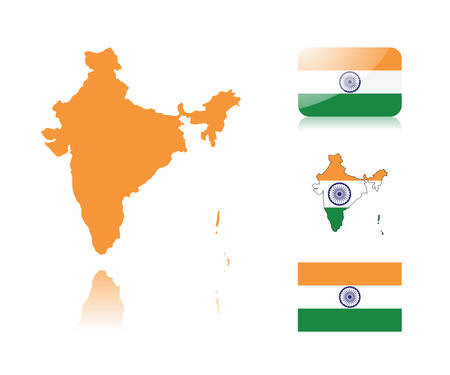 Indian map including: map with reflection, map in flag colors, glossy and normal flag of India.のイラスト素材