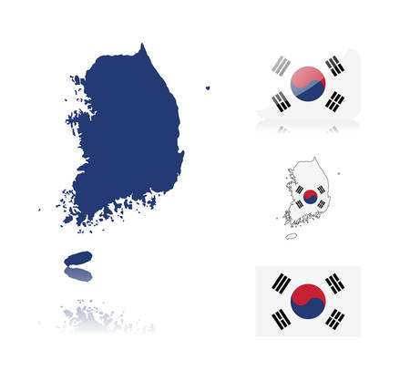 South Korean map including: map with reflection, map in flag colors, glossy and normal flag of South Korea.のイラスト素材