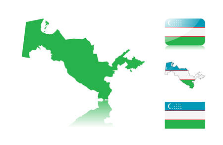 Uzbekistan  map including: map with reflection, map in flag colors, glossy and normal flag of Uzbekistan.のイラスト素材