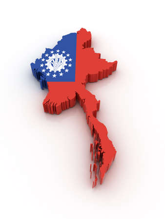 Three dimensional map of Myanmar in Myanmar flag colors.の写真素材