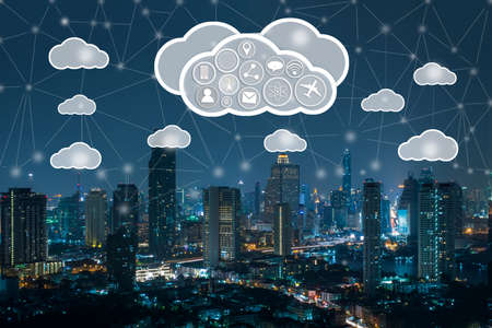 cloud computer technology concept on cityscape at night