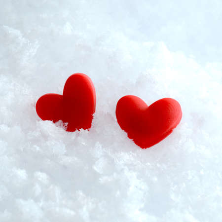 Studio macro of two red hearts lying in the snow. Copy space.の写真素材