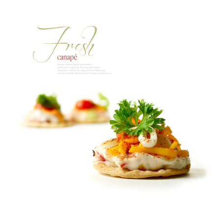 A curated image from my FINE series set  Macro of tomato and mayonnaise canapes with grated chilli cheese against a white background  The perfect image for a restaurant or dinner invitation design  Copy space の写真素材