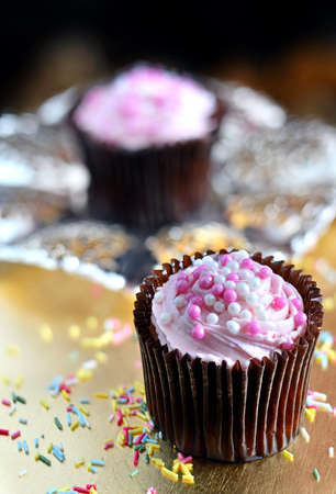 Pink strawberry cupcakes with fresh cream and sprinkles on a dark background  Perfect picture for a...
