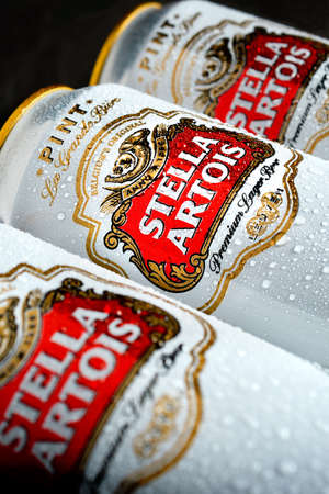 NOTTINGHAM, UK - MAY 8, 2014: Cans of Stella Artois 5% lager beer. Stella was introduced in 1926 in...
