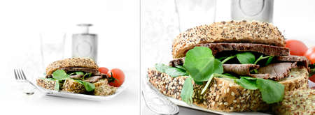 Dual image of a fresh roast beef and French mustard sandwich on granary bread with watercress salad against white. Copy space.の写真素材