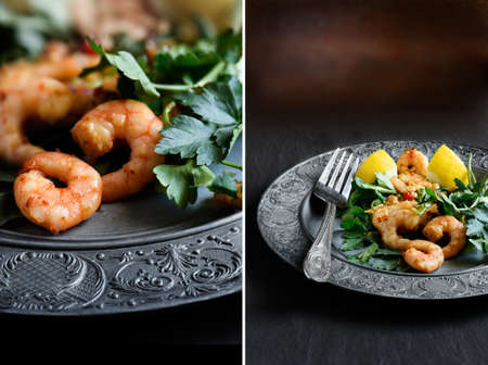 Dual image of creatively lit grilled chilli and chopped garlic Atlantic prawns with bird eye chillies and parsley garnish with lemon. Perfect restaurant or bistro menu image. Copy space.の写真素材
