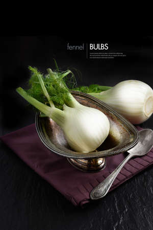 Fresh fennel bulbs against a black background placed on antique silver bowl. Photographed in diffused, natural light with focus on the foreground. Copy space.の写真素材