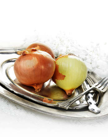 British brown onions set on a antique pewter plate against a light, bright background. Generous accommodation for copy space.の写真素材