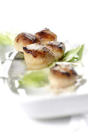 Seared scallops with green lettuce salad garnish against a bright background. Copy space.の写真素材
