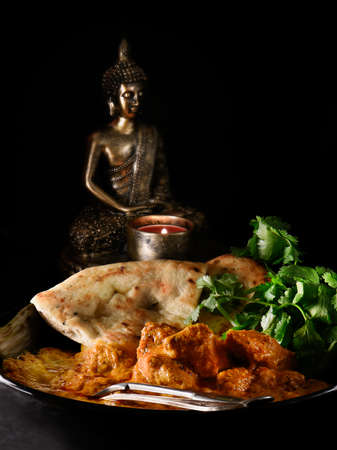 Creatively lit Indian chicken tikka masala meal with fresh coriander or cilantro herbs against a dark background. Generous accommodation for copy space.の写真素材