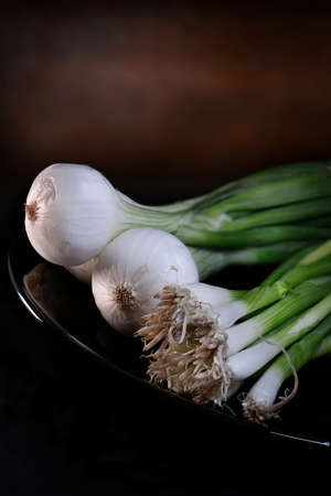 Close-up of spring onions or scallions against a rustic dark background with generous accommodation...