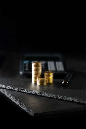 Concept image for investment, tax returns, assessment and calculating client savings. Shot against a dark background with generous accommodation for copy space.の写真素材