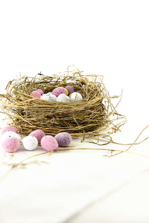 Colorful candy mini easter eggs nestled in a genuine grass birds nest shot against white with...